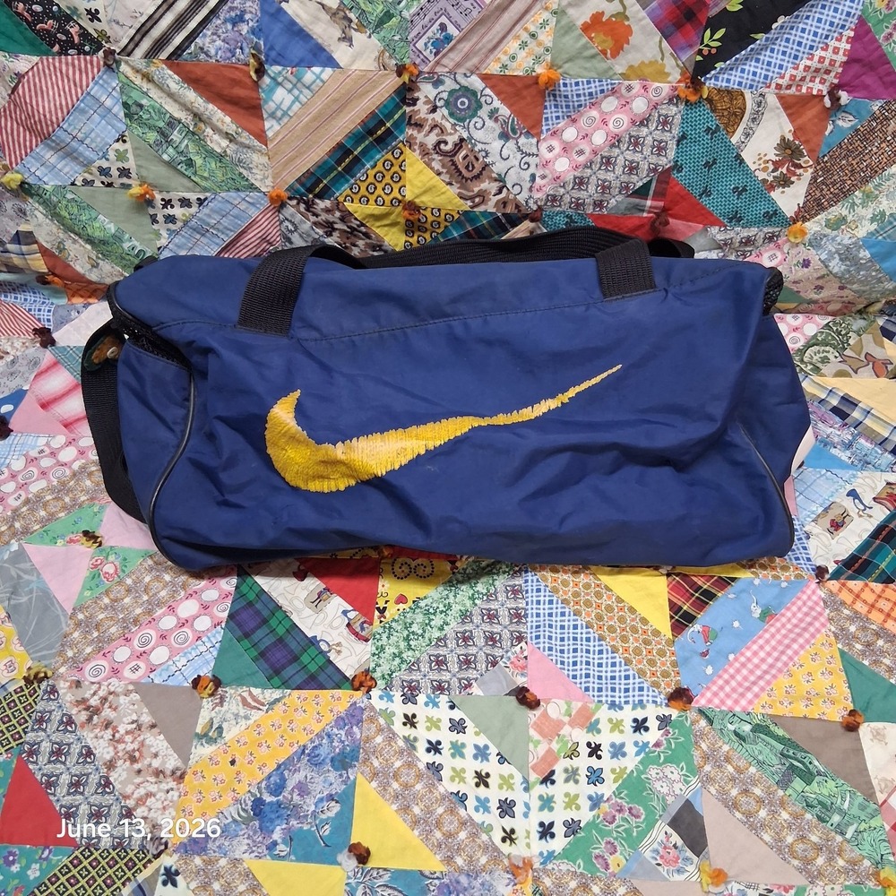 Vintage Nike Blue Yellow Swoosh Gym Duffle Bag Large 1 Pocket